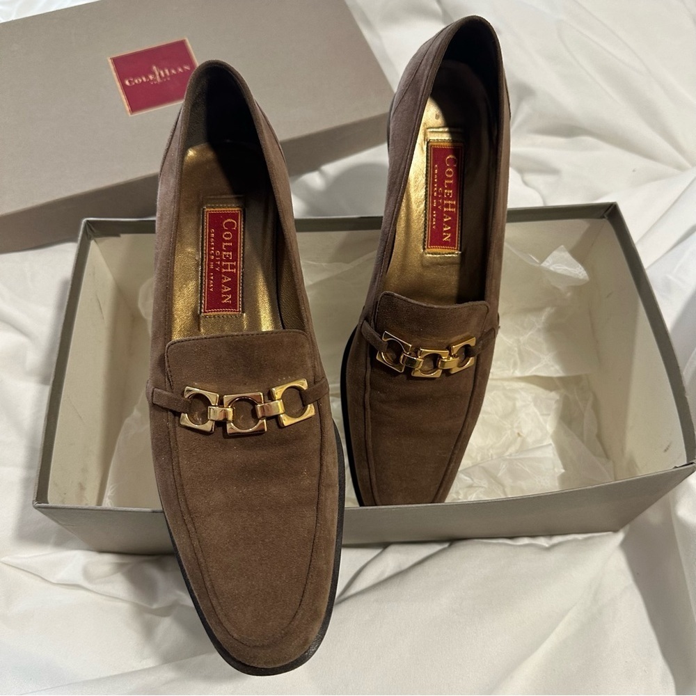 Cole Hahn Carina Suede Brown Loafers‎ with Gold Buckle in box